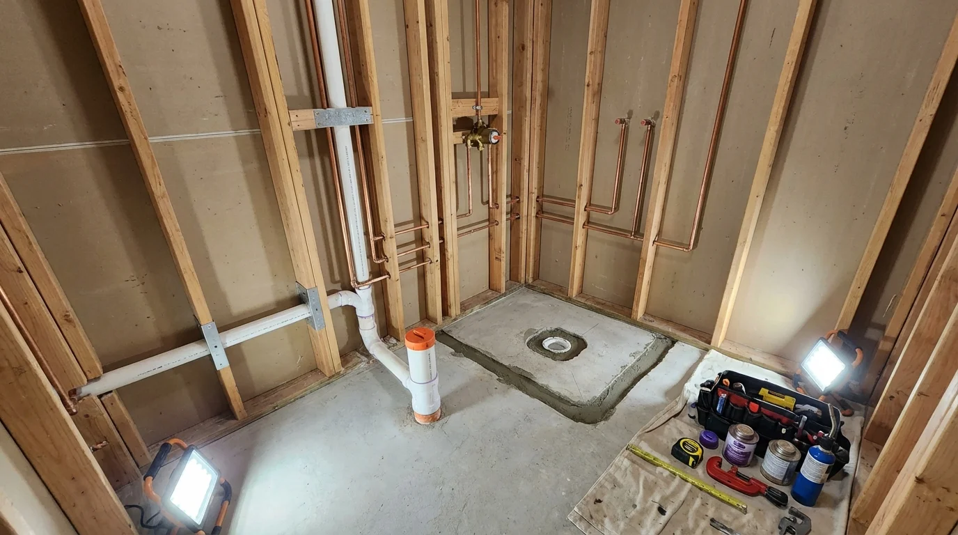 Bathroom rough-in plumbing during remodel by Johns Plumbing LLC in Murrieta