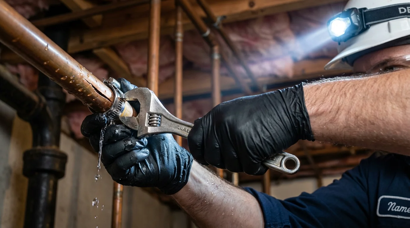 Emergency pipe clamp repair being performed by a Johns Plumbing LLC plumber in Murrieta